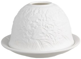 Biely porcelánový svietnik na čajovú sviečku s kvetinami a vtáčikmi Paollo - Ø 12*8 cm