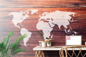 Samolepiaca tapeta mapa sveta s dreveným pozadím - 450x300