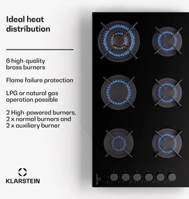 Klarstein Goldflame 6, plynová varná doska, sebestačná, 6 horákov, bočné ovládanie, plyn/propán, sklokeramika, čierna