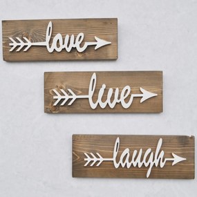 Nástenná drevená dekorácia LOVE LIVE LAUGH hnedá/biela