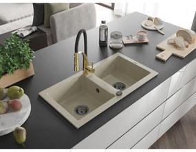 Mexen Mario, granitový drez 820x436x161 mm, 2-komorový a drezová batéria Aster, béžová, 6504-69-73450-57-B