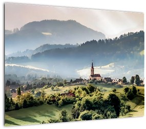 Sklenený obraz - dedinka v hmle (70x50 cm)