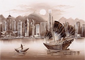 Obrázok - Victoria Harbor, Hong Kong, sépiový efekt (70x50 cm)