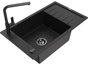 Mexen Elias, 1-komorový granitový drez 795x480x200 mm a drezová batéria Flora, čierna, 6511-77-670401-70-B