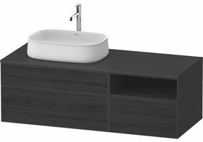 DURAVIT Zencha závesná skrinka pod umývadlo na dosku (umývadlo vľavo), 3 zásuvky + 1 otvorená priehradka, 1300 x 550 x 442 mm, dub čierny/grafit super matná, ZE4828016800000