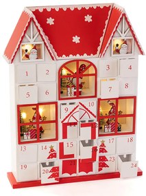 Drevený LED adventný kalendár so zásuvkami DOMČEK červený