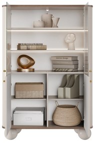 Vitrína Vesper 103 cm štvordverová - kašmír / orech / zlaté úchytky / guľaté nohy