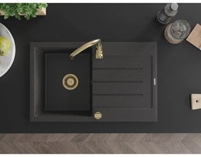 Mexen Bruno, 1-komorový granitový drez s odkvapkávačom 795x495x200 mm a zlatá kuchynská batéria Telma, čierna škvrnitá, 6513-76-670200-50