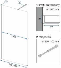 Rea Aero Ombre, sprchová zástena Walk-In 100x195 cm, 8mm číre sklo s čiernym vzorom, čierny matný profil, REA-K2460
