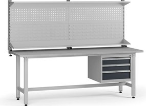 Výškovo nastaviteľný dielenský stôl G5 s nadstavbou, 2100 x 750 x 800-1000 mm, 1x kontajner, 3 zásuvky, grafit