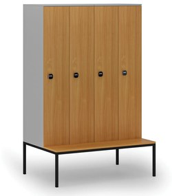 Drevená šatníková skrinka s lavičkou, 4 oddiely, 1871 x 1200 x 500/800 mm, RFID zámok, sivá/buk