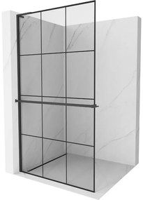 Mexen Kioto+ L, sprchová zástena Walk-In s poličkou a vešiakom 120 x 200 cm, 8mm číre sklo čierny vzor, čierny profil, 800-120-123-70-77