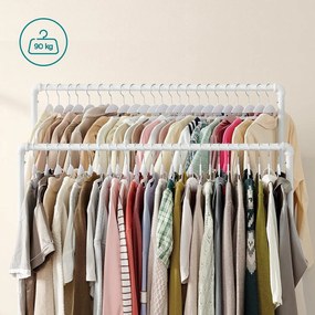 Stojan na šaty s kolieskami, dvojitými tyčami, kovový, biely