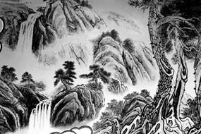 Tapeta čínska čiernobiela krajinomaľba - 150x100