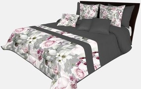 Romantický prehoz na posteľ v šedo-čiernej farbe s nádhernými ružovými kvetinami rôznych druhov