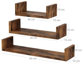Sada 3 ks nástenných políc SHELFY hnedá