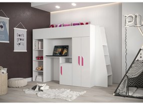 Detská kombinovaná posteľ 90 cm Puro 15 (matná biela + biely lesk + ružové úchytky). Vlastná spoľahlivá doprava až k Vám domov. 1087100
