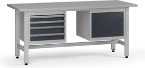 Výškovo nastaviteľný dielenský stôl G5, 1800 x 750 x 800-1000 mm, 1x skrinka, 4 zásuvky, grafit