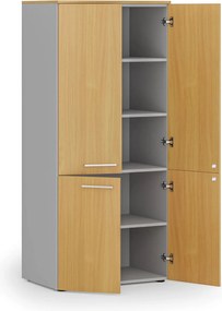 Kancelárska policová skriňa PRIMO GRAY, polené dvere, 800 x 500 x 1781 mm, sivá/buk