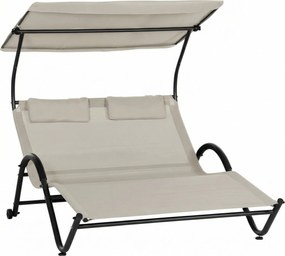 Outsunny dvojmiestne ležadlo s nastaviteľnou strieškou, opierkami hlavy a kolieskami — oceľ/polyester, krémové — 200 x 137 x 138 cm | Aosom