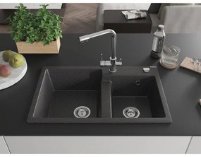 Mexen Tomas, granitový drez 800x500x190 mm, 2-komorový a chrómová batéria Duero, čierna škvrnitá, 6516-76-671600-00