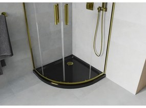 Mexen Rio, štvrťkruhový sprchovací kút s posuvnými dverami 80(dvere) x 80(dvere) x 190 cm, 6mm číre sklo, zlatý profil + čierna sprchová vanička SLIM, 863-080-080-50-00-4170G