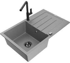 Mexen Bruno, 1-komorový granitový drez 795x495x200 mm a drezová batéria Flora, šedá, 6513-71-670401-70-B