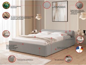Svetlosivá čalúnená dvojlôžková posteľ s úložným priestorom s roštom 140x200 cm Cille – Ropez