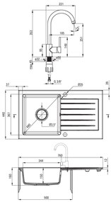 Deante Zorba, granitový drez 760x440x160 mm Z/O, 3,5" + priestorovo úsporný sifón, 1-komorový + Milin batéria, čierna, ZQZVN113