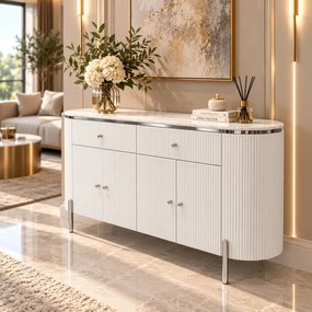KOMODA GASTON II STRIEBORNÉ NOHY + BIELA + MRAMOR 150 cm