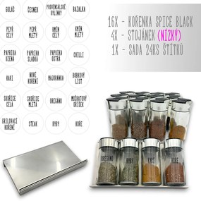 Orion Sada 16ks koreničiek SPICE BLACK 100ml + 4ks nerezový organizér na koreničky VASKY - NEREZ (nízky) + sada 24ks štítkov