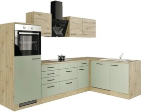 Rohová kuchynská linka so spotrebičmi Cara 280 cm farba čela zelená dub matná farba korpusu dub