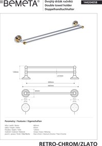 Bemeta Design RETRO gold-chrom: Držiak uterákov, 600 mm, dvojitý - 144204058