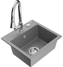 Mexen Milo, 1-komorový granitový drez 435x410x171 mm a drezová batéria Elia, šedá, 6505-71-670101-00