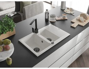 Mexen Gaspar, granitový drez 737x475x177 mm, 1,5-komorový a čierna batéria Rita, biela, 6507-20-670300-70