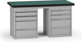 Pracovný stôl do dielne G8, 1500 x 750 x 800 mm, 2x kontejner, 8 zásuviek, sivá