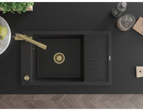 Mexen Elias, 1-komorový granitový drez s odkvapkávačom 795x480x200 mm a zlatá batéria Duero, čierna - strieborná metalíza, 6511-73-671600-50