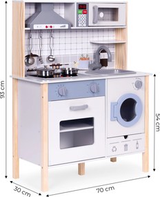 Drevená kuchynka pre deti ECOTOYS s LED, zvukmi, rúrou, práčkou a 6 doplnkami