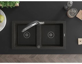 Mexen Mario, granitový drez 820x436x161 mm, 2-komorový a drezová batéria Duo, čierna-zlatá metalíza, 6504-75-671701-07-B
