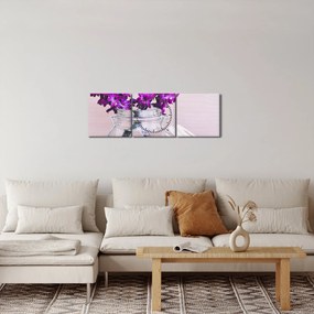 Obraz fialových kvetín (s hodinami) (90x30 cm)