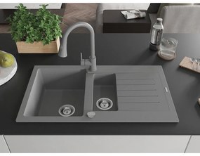 Mexen Matias, 1,5-komorový granitový drez 900x505x200 mm a drezová batéria Elia, šedá, 6502-71-670101-71