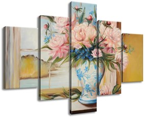 Gario Ručne maľovaný obraz Farebné kvety vo váze - 5 dielny Rozmery: 150 x 70 cm