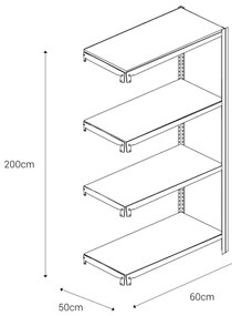 Bezskrutkový kovový regál prídavný modul 200x60x50cm T profil, 4 police