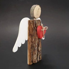 AMADEA Drevený anjel s kôrou s bielymi krídlami a čeveným srdcom, masívne drevo, 16x14,5x3 cm