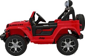Ramiz Jeep Wrangler Rubicon na batérie pre deti červený + diaľkové ovládanie + rádio MP3 LED + kolesá EVA
