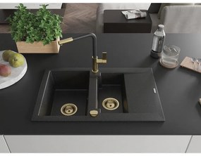 Mexen Gaspar, 1,5-komorový granitový drez 737x475x177 mm a drezová batéria Flora, čierna-strieborná metalíza, 6507-73-670401-57-G