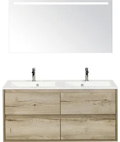Kúpeľňová zostava Sanox Porto 120 cm mramor zrkadlo 4 zásuvky dub svetlý s LED