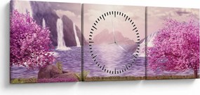 Obraz ružových stromov s jazerom (s hodinami) (90x30 cm)