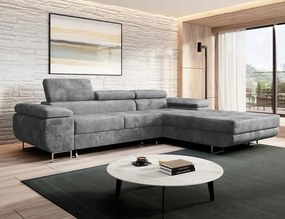 Šedá rohová sedačka s funkciou spania vpravo Norberg s nastaviteľnými opierkami hlavy.