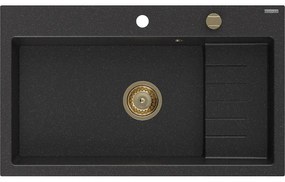 Mexen Omar, 1-komorový granitový drez 800x480x210 mm, čierna-strieborná metalíza, zlatý sifón, 6520801005-73-G